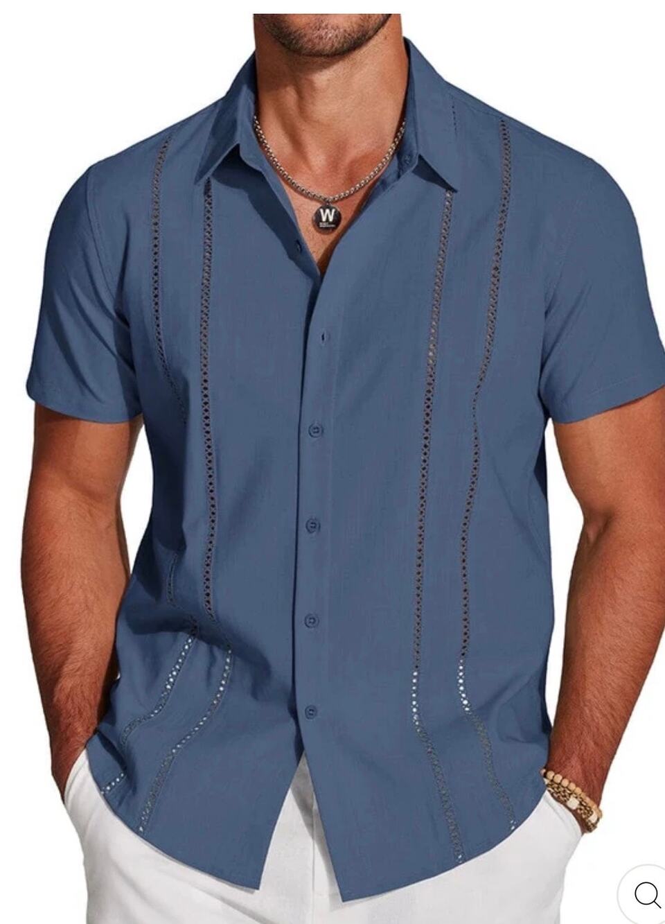 Coofandy Mens Blue Short Sleeve Cuban Guayabera Button Down Shirt Size 3XL New